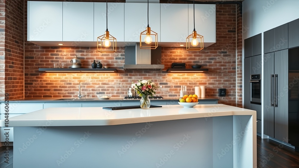 A modern kitchen island with a curved countertop, illuminated by three pendant lights, features a bouquet of flowers in a glass vase and a bowl of oranges, creating a warm and inviting atmosphere. A modern kitchen island with a curved countertop, illuminated by three pendant lights, features a bouquet of flowers in a glass vase and a bowl of oranges, creating a warm and inviting atmosphere.