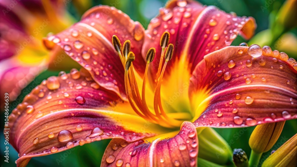 Close-Up of Vibrant Rose-Colored Daylily Blossom with Deep Yellow Throat and Raindrops, Showcasing Pistil and Pollen-Bearing Stamens for Stunning Floral Product Photography Close-Up of Vibrant Rose-Colored Daylily Blossom with Deep Yellow Throat and Raindrops, Showcasing Pistil and Pollen-Bearing Stamens for Stunning Floral Product Photography