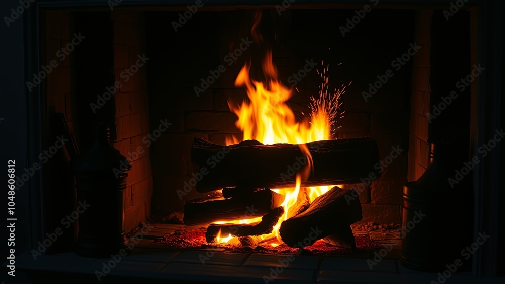 A cozy fireplace with burning logs and flickering flames, casting a warm glow against the dark brick background. A cozy fireplace with burning logs and flickering flames, casting a warm glow against the dark brick background.