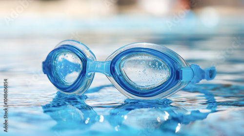 Blue swim goggles floating on clear water surface with sunlight reflections photo