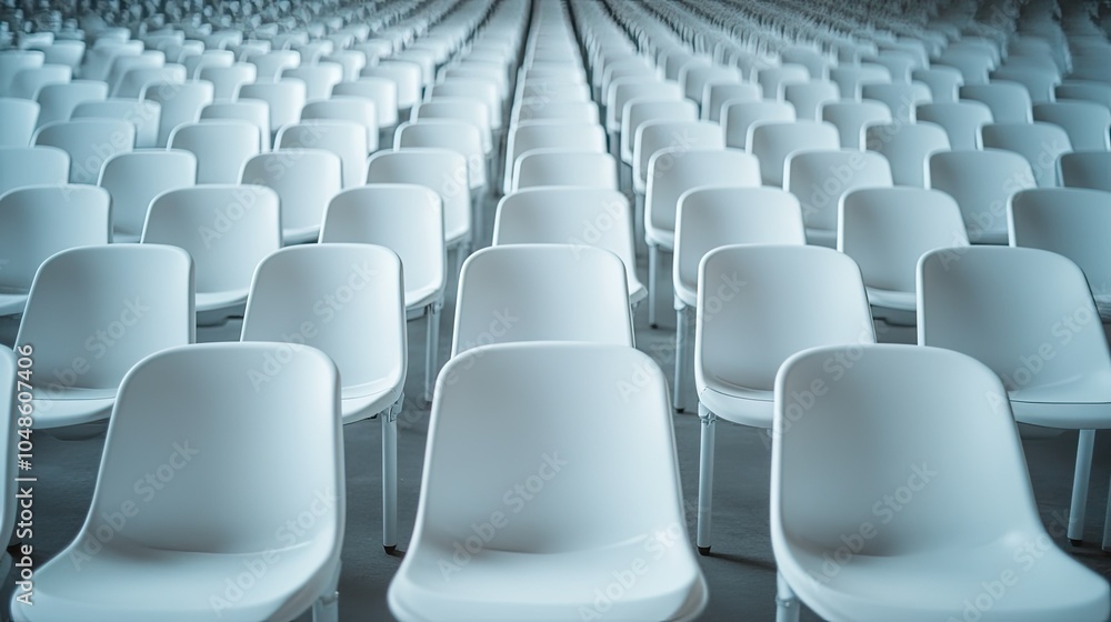 Empty Rows of White Chairs in a Spacious Hall Empty Rows of White Chairs in a Spacious Hall