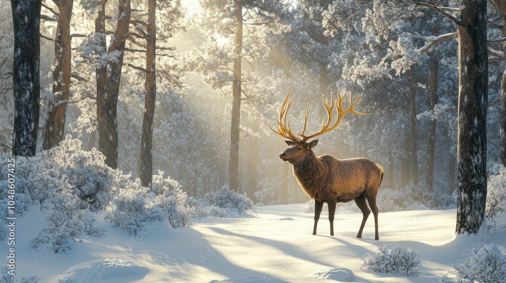 Majestic Elk in Snowy Forest During Golden Hour Majestic Elk in Snowy Forest During Golden Hour