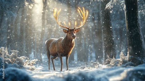 Majestic Deer with Glowing Antlers in Winter Forest