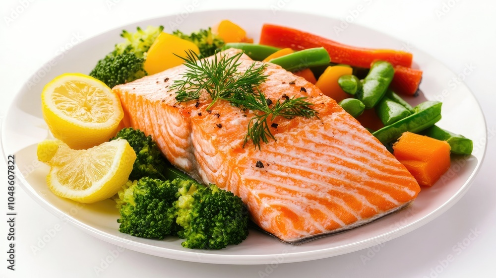 Fresh Salmon with Seasonal Vegetables on a Plate Fresh Salmon with Seasonal Vegetables on a Plate