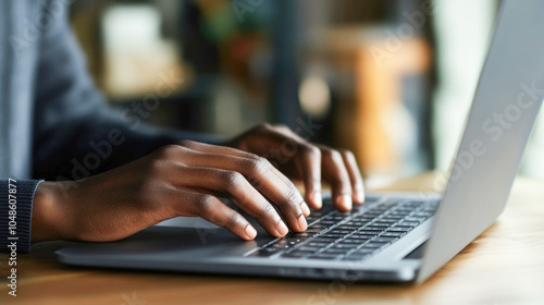 Focused hands typing on laptop keyboard in modern office setting with natural lighting and background blur