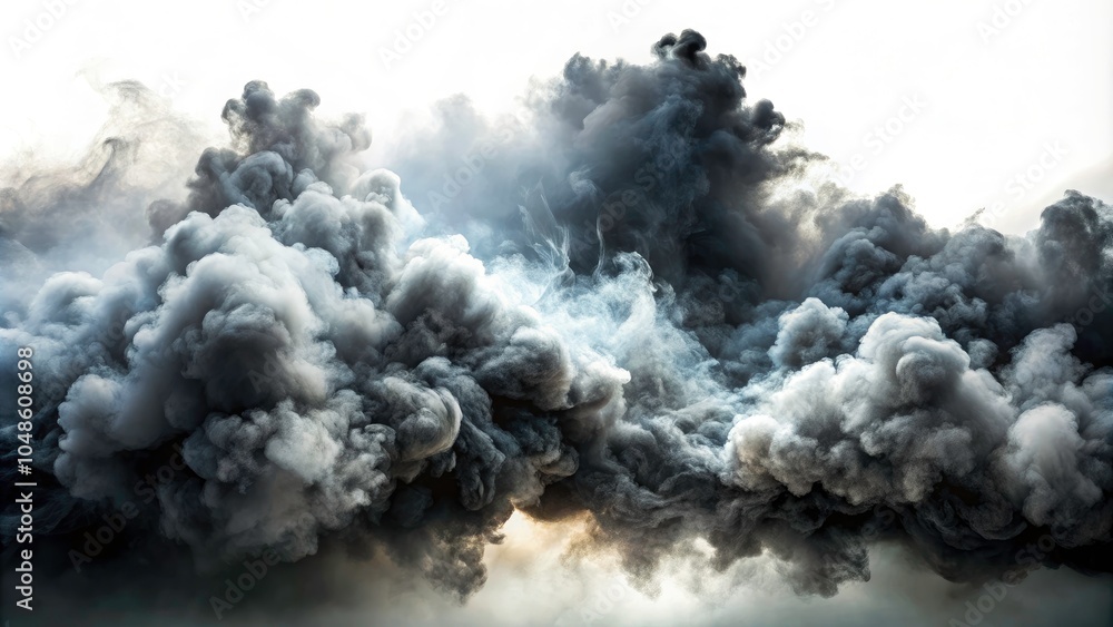 Dark Fog and Smoke Effect on White Background - Panoramic Photography of Steam Explosion Texture for Visual Effects and Graphic Design Dark Fog and Smoke Effect on White Background - Panoramic Photography of Steam Explosion Texture for Visual Effects and Graphic Design