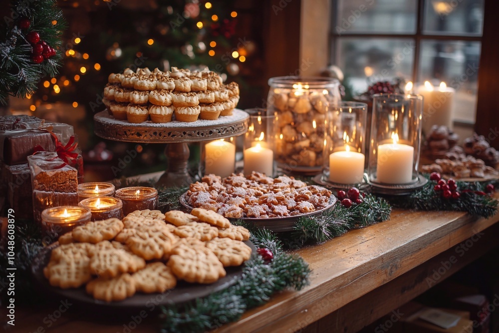 A cozy table with candles and wreaths of Christmas tree branches, next to festive treats such as honey cookies and chocolate cake.
A cozy table with candles and wreaths of Christmas tree branches, next to festive treats such as honey cookies and chocolate cake.