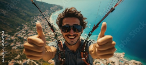Excited paragliding adventure over a scenic coastal landscape