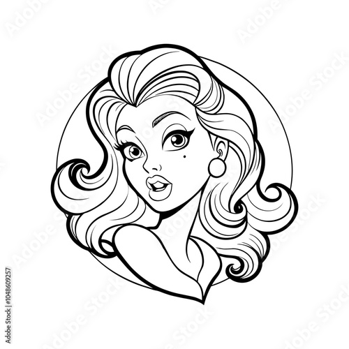 Vector beauty pin-up girl illustration, adorable beautiful pinup woman model, comic book character, black shape silhouette vector decoration, logo of vintage pin up style, coloring page
