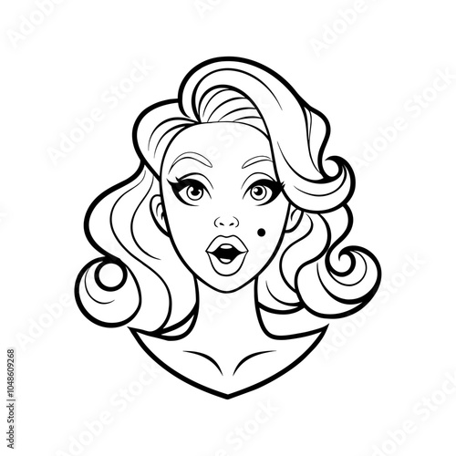 Vector beauty pin-up girl illustration, adorable beautiful pinup woman model, comic book character, black shape silhouette vector decoration, logo of vintage pin up style, coloring page