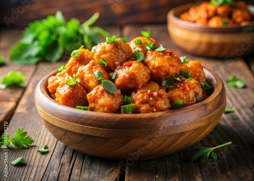 Delicious Spicy Orange Chicken Bites with Fresh Green Herbs in a Rustic Bowl - Perfect for Food Lovers, Culinary Inspiration, and Flavorful Recipes