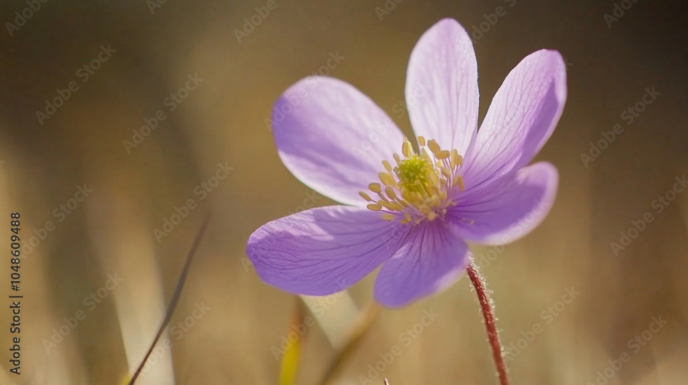 Fototapeta premium A delicate purple flower blooming in the warm sunlight of a spring meadow