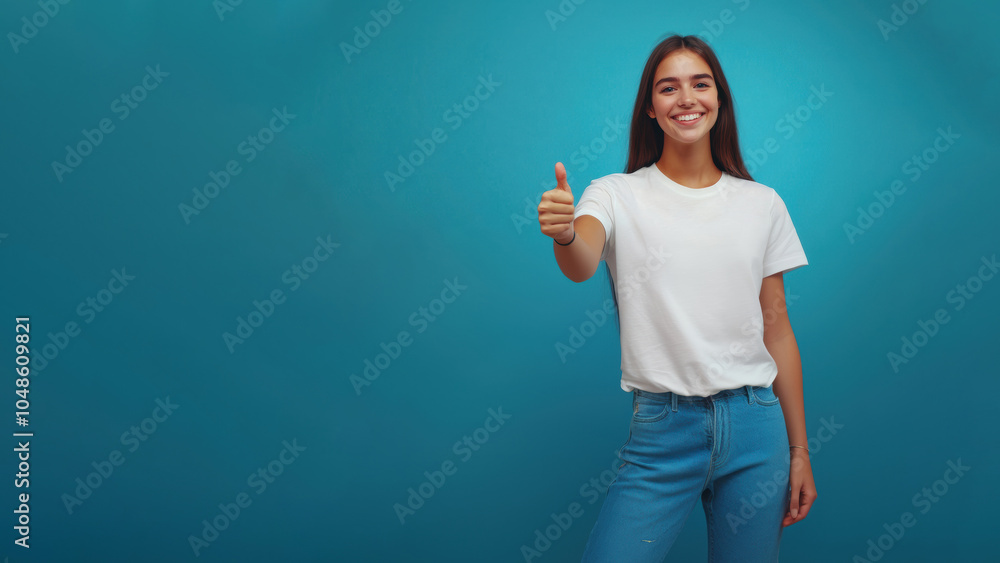Smiling young woman gives thumbs up against a bright blue background Smiling young woman gives thumbs up against a bright blue background