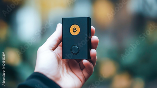 Hand holding bitcoin wallet device outdoors against blurred background