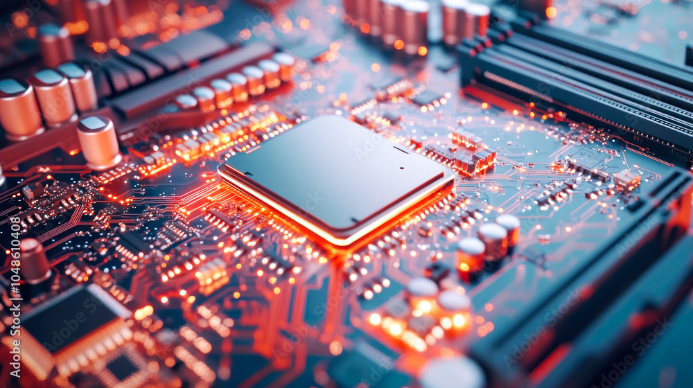 Glowing circuit board with central processor: futuristic technology and electronics concept Glowing circuit board with central processor: futuristic technology and electronics concept