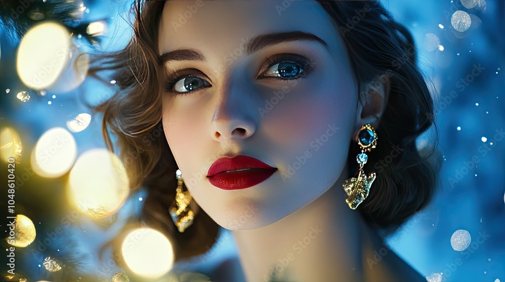 Elegant Woman with Bold Makeup and Holiday Lights Elegant Woman with Bold Makeup and Holiday Lights