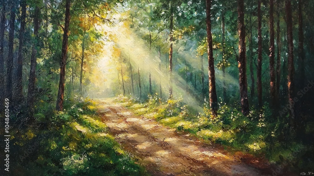 Obraz premium Sunlit Path through the Forest in Warm Glow