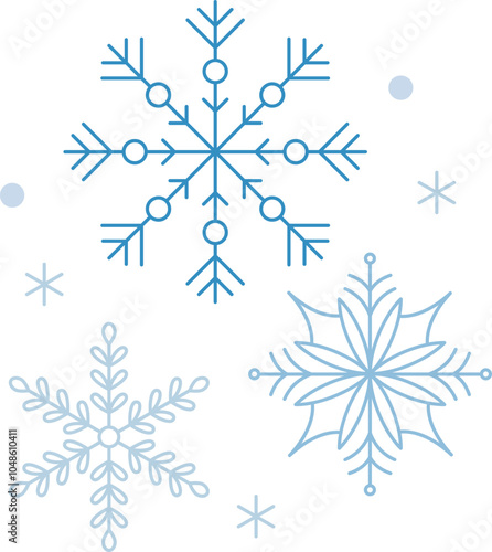 Winter snow icon with blue snowflakes on a white background. Festive Christmas banner, New Year card. Symbol of frosty whether and happy holidays. Vector illustration