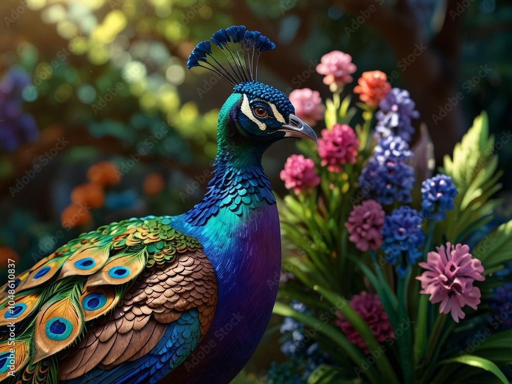 Obraz premium A Regal Peacock in the Garden, Iridescent Blues and violet colour gradient, Vibrant Greens, Sunlit Elegance, intricate brush strokes, beautiful lighting, Quilled