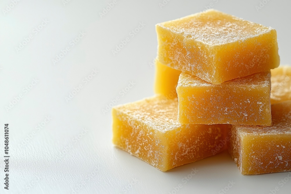 Stack of Yellow Gelatinous Cubes with Powdered Sugar Topping Stack of Yellow Gelatinous Cubes with Powdered Sugar Topping