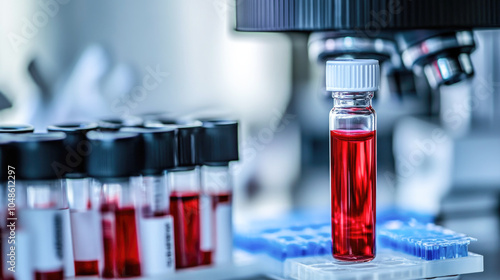 Blood samples in laboratory with microscope for medical research and analysis photo