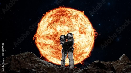 Two astronauts stand together, embracing against an enormous, fiery sun in a mesmerizing cosmic setting filled with stars and rocky terrain