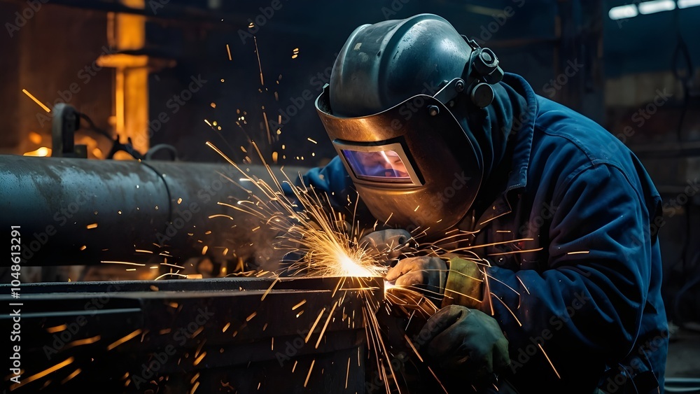 Profesional welder in protective uniform and mask welding metal pipe on the industrial table with other workers behind in the industrial workshop. Profesional welder in protective uniform and mask welding metal pipe on the industrial table with other workers behind in the industrial workshop.