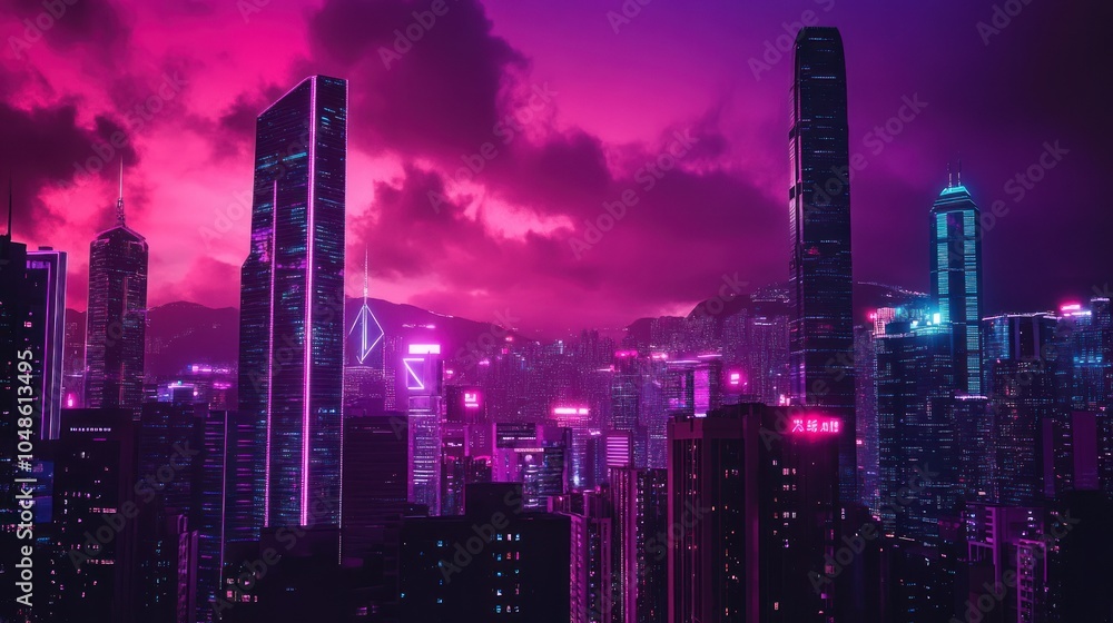 Fototapeta premium Neon-Lit Skyscrapers Against a Purple Sky at Night