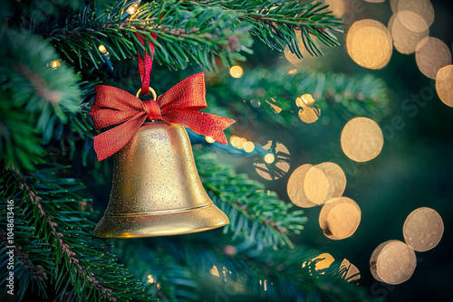 A golden bell ornament with a red bow hangs on a Christmas tree, surrounded by soft, glowing lights, evoking a festive atmosphere.