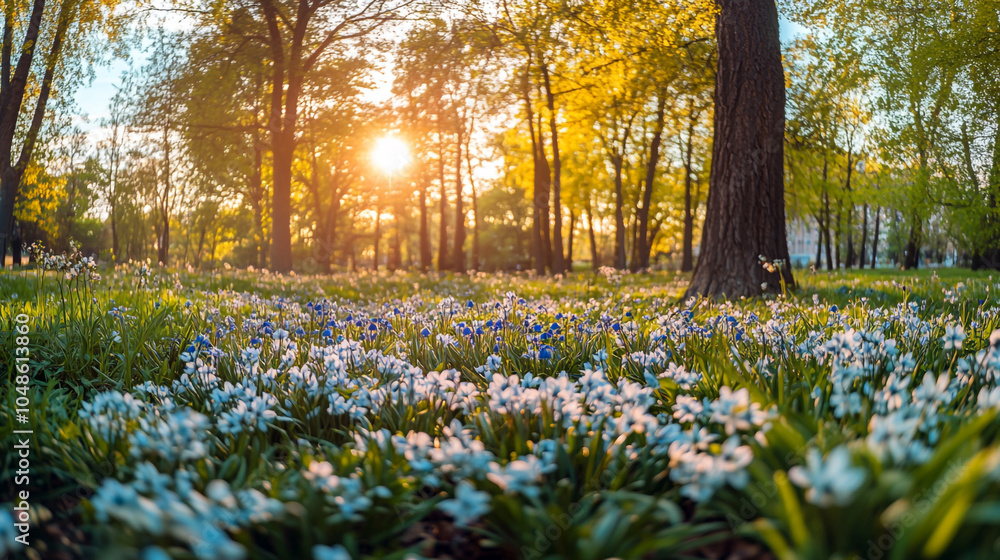 Obraz premium Sunrise over a vibrant spring meadow filled with blooming flowers in a tranquil forest