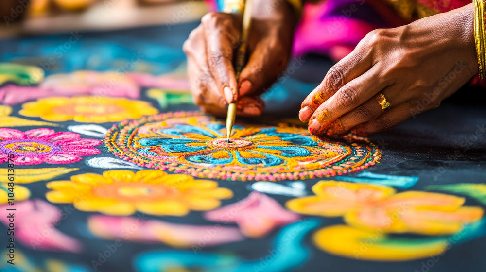 Obraz premium Artistic Hands Coloring with Chalk on Mandala Art