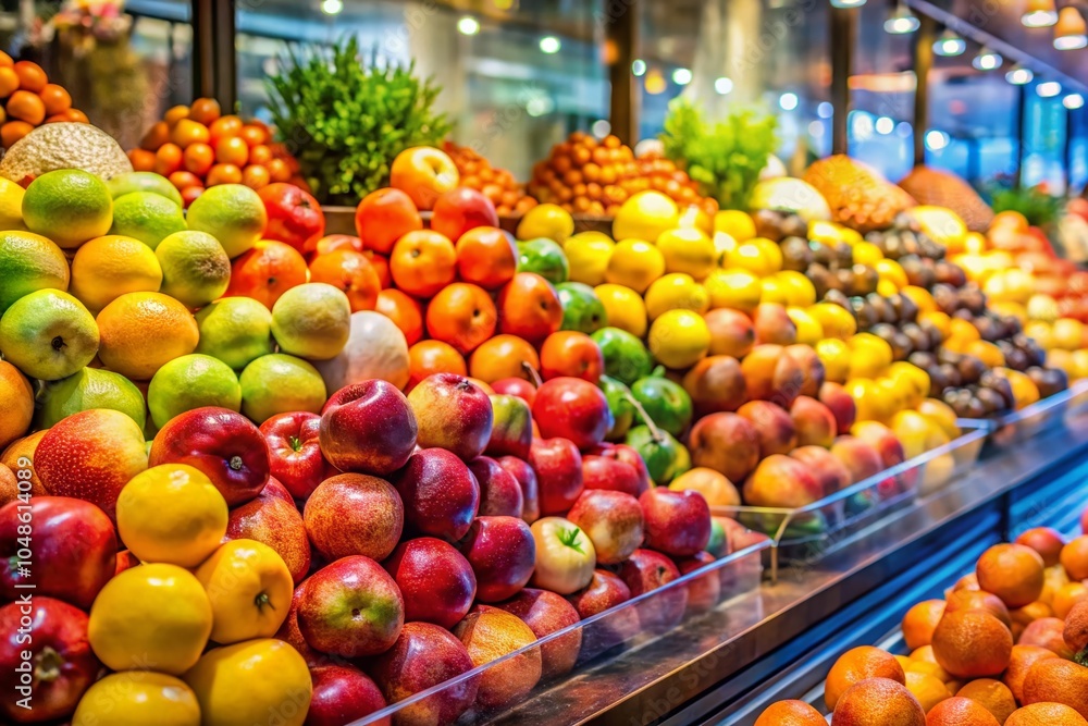 Fresh Assorted Fruits Display in Grocery Store - Double Exposure Photography of Apples, Oranges, Pomegranates, and Fresh Assorted Fruits Display in Grocery Store - Double Exposure Photography of Apples, Oranges, Pomegranates, and
