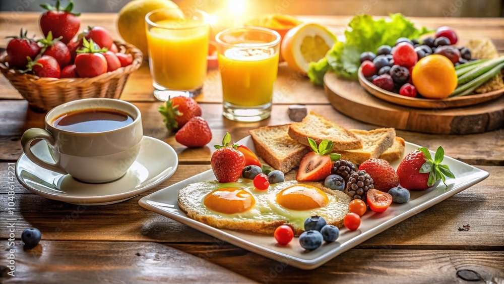Fresh Breakfast Platter with Eggs, Toast, Fruit, and Coffee - Perfect Morning Meal for a Healthy Start Fresh Breakfast Platter with Eggs, Toast, Fruit, and Coffee - Perfect Morning Meal for a Healthy Start