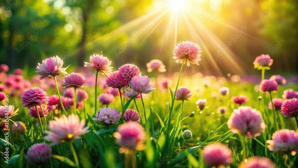 Fototapeta premium Sunbeams illuminating a field of delicate pink flowers, creating a vibrant tapestry of nature's beauty.