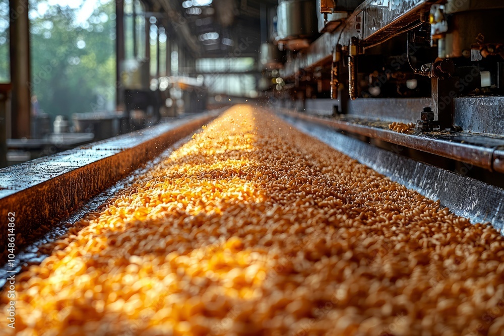 Close-up of a Conveyor Belt Carrying Golden Brown Pasta Close-up of a Conveyor Belt Carrying Golden Brown Pasta