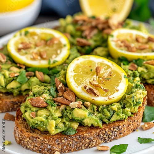 Avocado toast topped with lemon slices and almonds on whole grain bread.