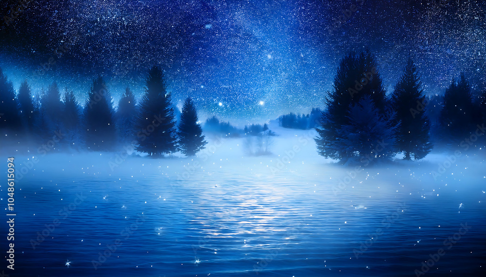 Fototapeta premium Icy blue misty scene with hologram magic and twinkling starry night sky of sparkles and shi_1(398)