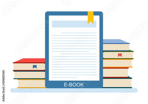 E-book reader with stacks of books in flat design vector illustration.