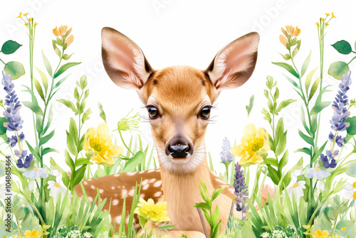 Adorable baby deer lying down in a field of wildflowers with butterflies fluttering nearby