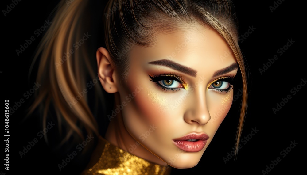 Fototapeta premium Radiant Glamour: Close-Up Portrait of a Woman with Exquisite Makeup