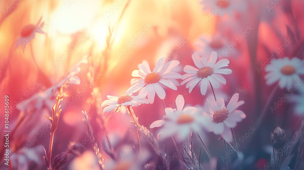 Sunset glow illuminating daisies in a vibrant meadow during a tranquil summer evening Sunset glow illuminating daisies in a vibrant meadow during a tranquil summer evening