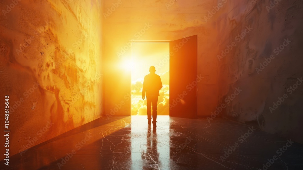 Person stepping through a doorway into bright light, representing a new beginning Person stepping through a doorway into bright light, representing a new beginning