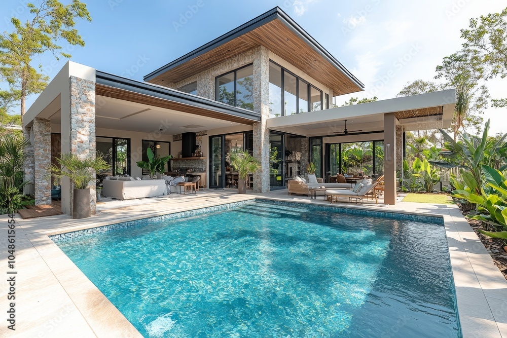 Fototapeta premium A modern residence featuring a luxurious outdoor living space with a sleek tile pool in the backyard. Generative AI