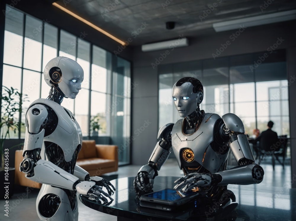 Fototapeta premium An impressive scene featuring a robot from the future, equipped with advanced AI and technology, capable of performing complex tasks and enhancing human productivity in various fields.