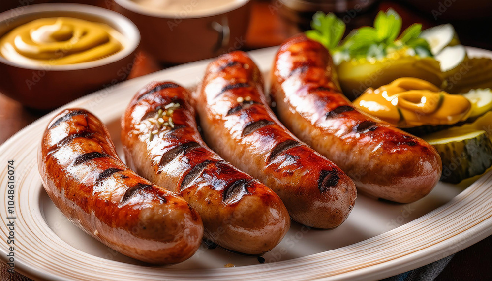 Deliciously grilled sausages served with mustard and pickles a perfect treat for any gathering or bbq Deliciously grilled sausages served with mustard and pickles a perfect treat for any gathering or bbq