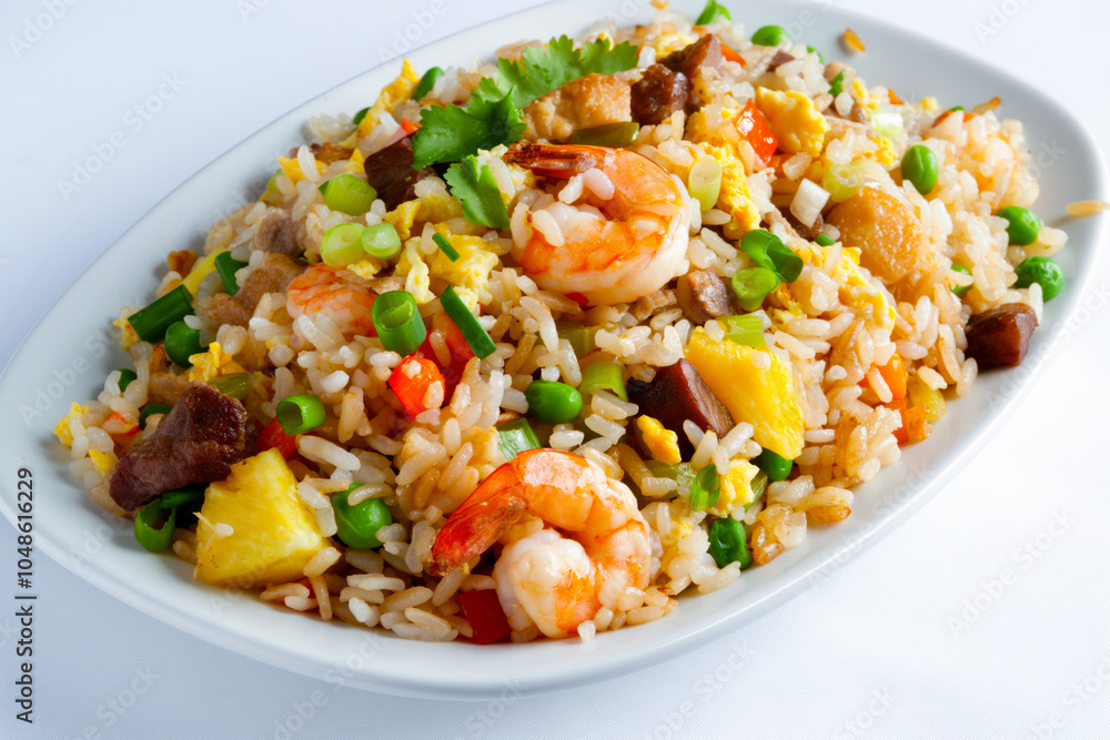 Delicious fried rice with shrimp and vegetables filling a white plate Delicious fried rice with shrimp and vegetables filling a white plate