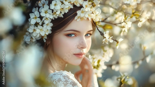 A young woman with a floral crown poses amidst blooming cherry blossoms in springtime sunlight photo