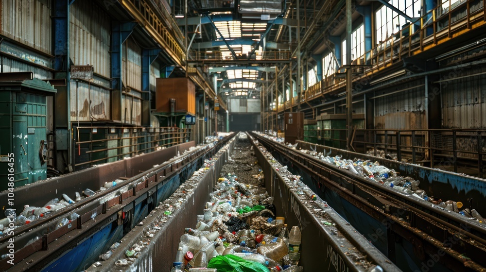 Industrial Conveyor Belt with Plastic Waste in a Recycling Facility Industrial Conveyor Belt with Plastic Waste in a Recycling Facility