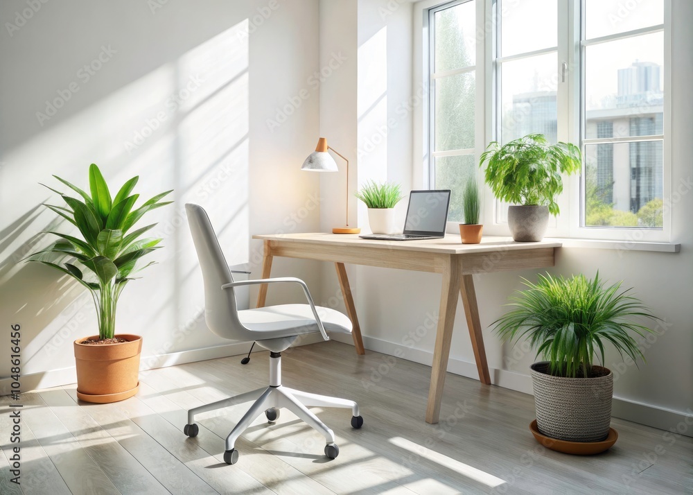 Fototapeta premium Minimalist Workspace Design with White Desk, Chair, and Small Plant - Perfect for Home Office or Creative Studio