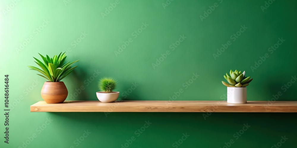A wooden shelf with three potted plants against a green wall. The shelf is empty, offering space for decoration. A wooden shelf with three potted plants against a green wall. The shelf is empty, offering space for decoration.